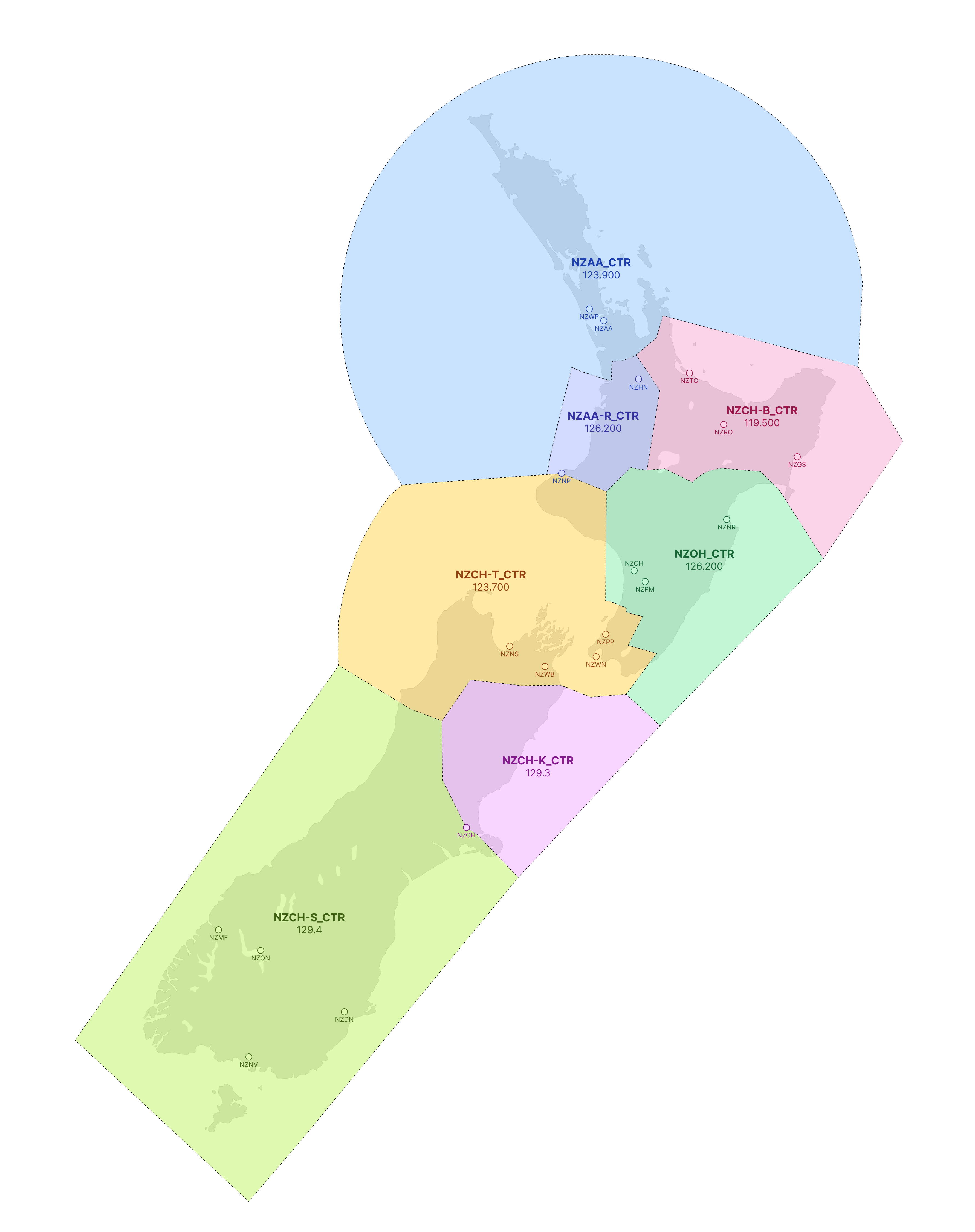New Zealand aerodromes and their controlling sectors